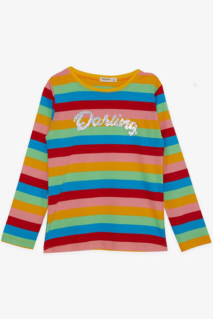 Girl's Long Sleeve T-Shirt Sequined Text Embroidered Mixed Color (4-9 Years)