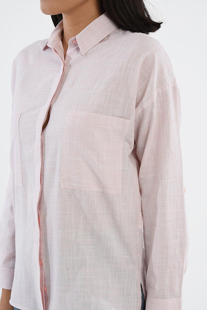 Light Pink Comfortable Fit Long Shirt with Pockets 75355-203