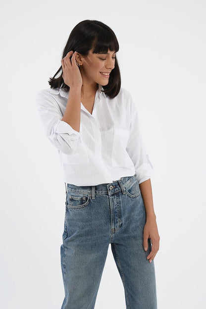 White Comfortable Fit Long Shirt with Pockets 75355-008