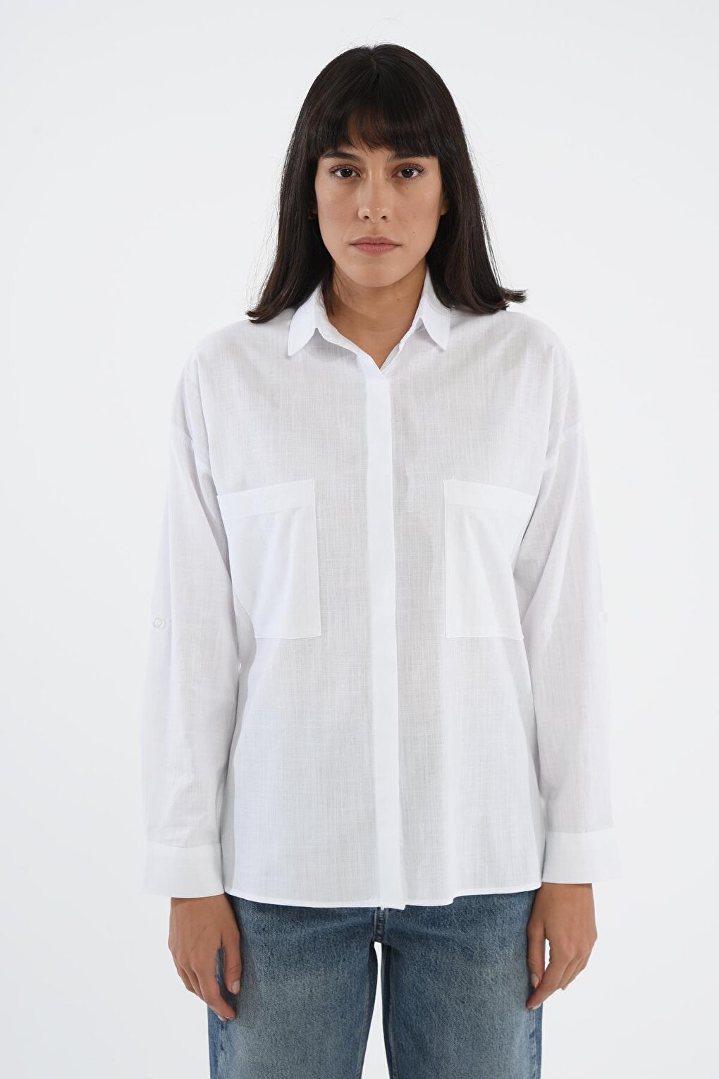 White Comfortable Fit Long Shirt with Pockets 75355-008