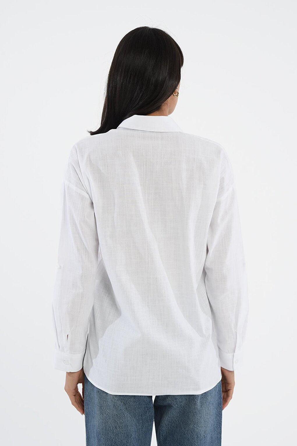 White Comfortable Fit Long Shirt with Pockets 75355-008