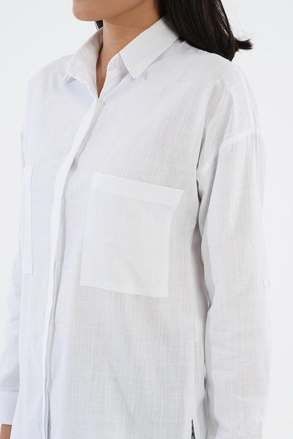 White Comfortable Fit Long Shirt with Pockets 75355-008