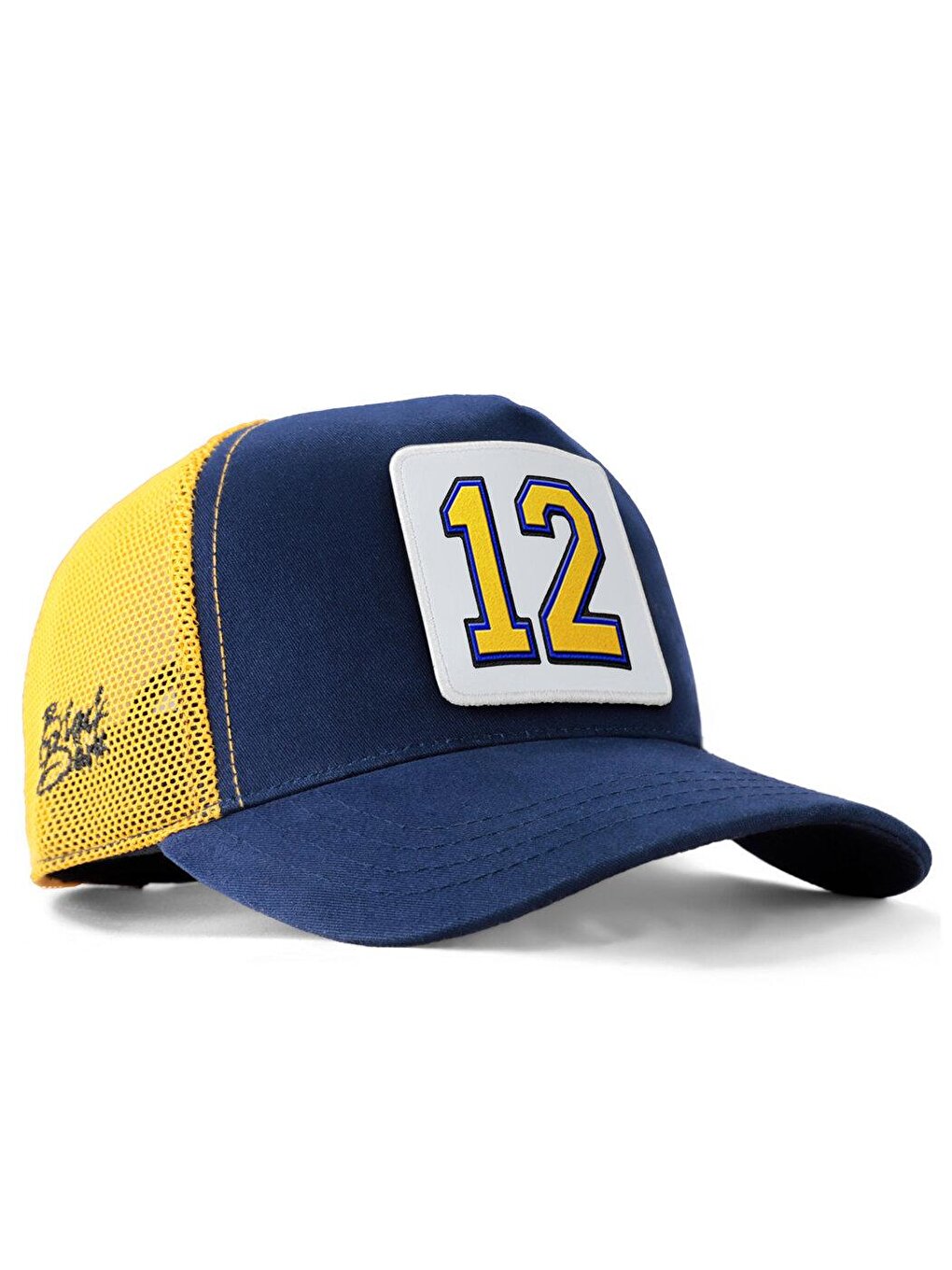 V1 Trucker Size 12 - Unisex Navy Blue-Yellow Hat (Cap) with 1 Code Logo