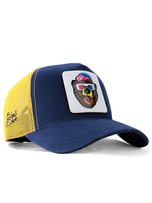 V1 Trucker Bear - Unisex Navy Blue-Yellow Hat (Cap) with 6 Code Logo