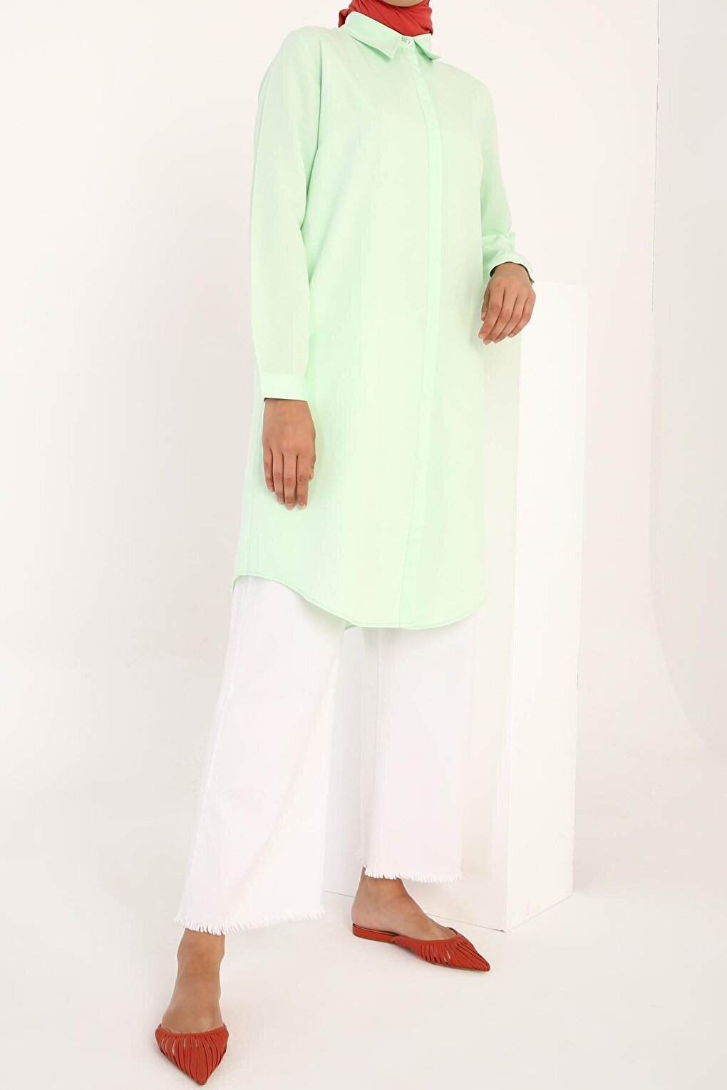 Aqua Green Basic Shirt Tunic with Hidden Placket