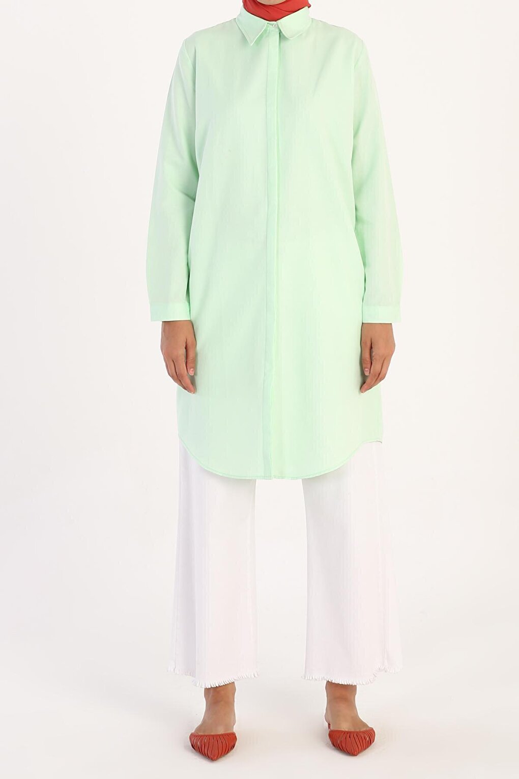 Aqua Green Basic Shirt Tunic with Hidden Placket