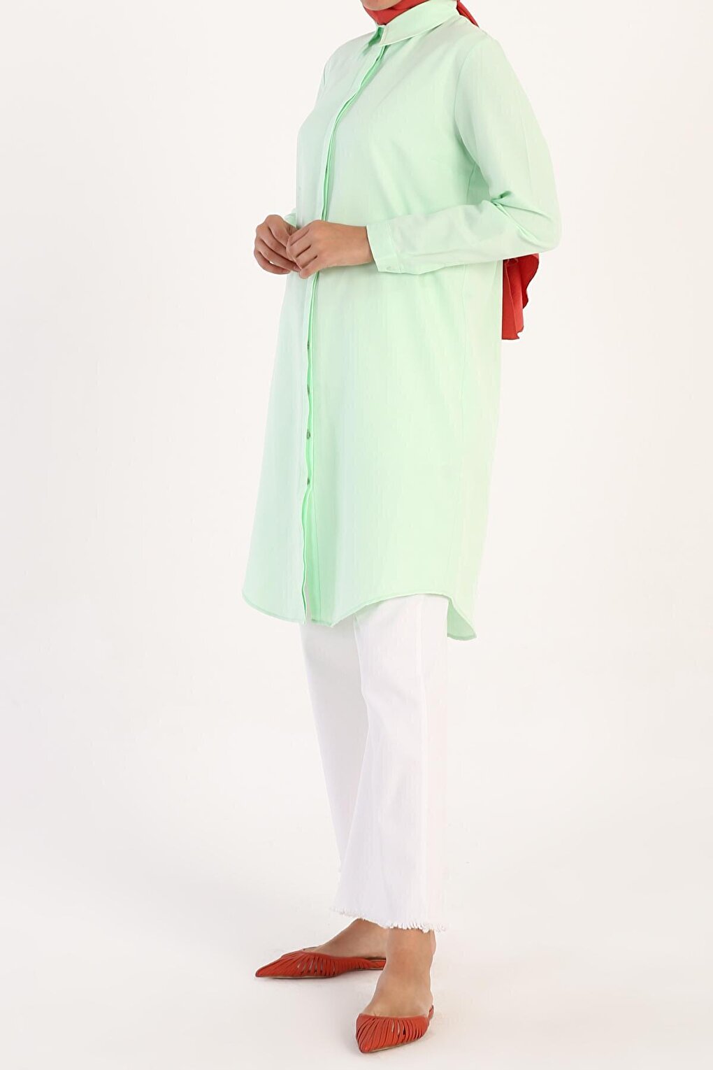 Aqua Green Basic Shirt Tunic with Hidden Placket