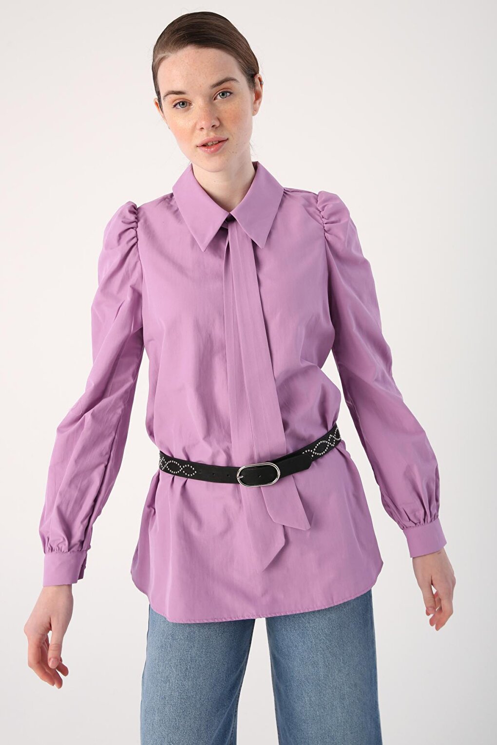 Lilac Collar Scarf Detailed Tunic with Gathered Sleeves