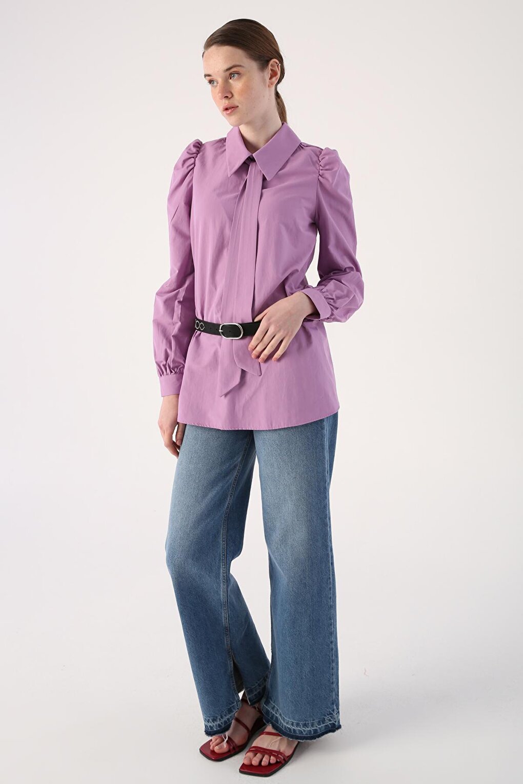 Lilac Collar Scarf Detailed Tunic with Gathered Sleeves