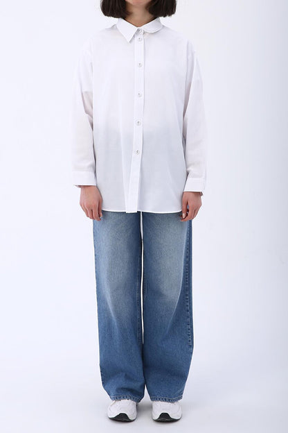 White Fabric Covered Button Oversize Shirt