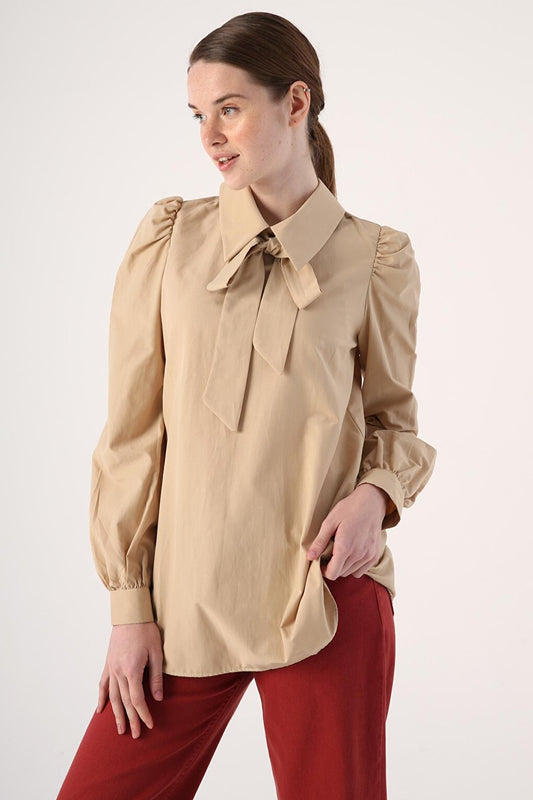 Beige Collared Tunic with Scarf Detail and Gathered Sleeves