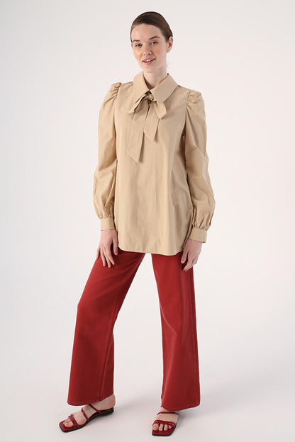 Beige Collared Tunic with Scarf Detail and Gathered Sleeves