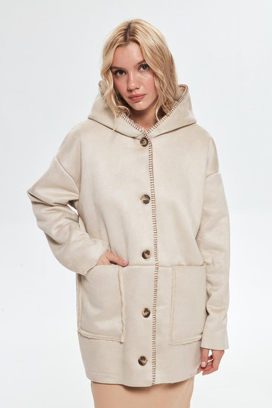 Fur Lined Hooded Coat Stone