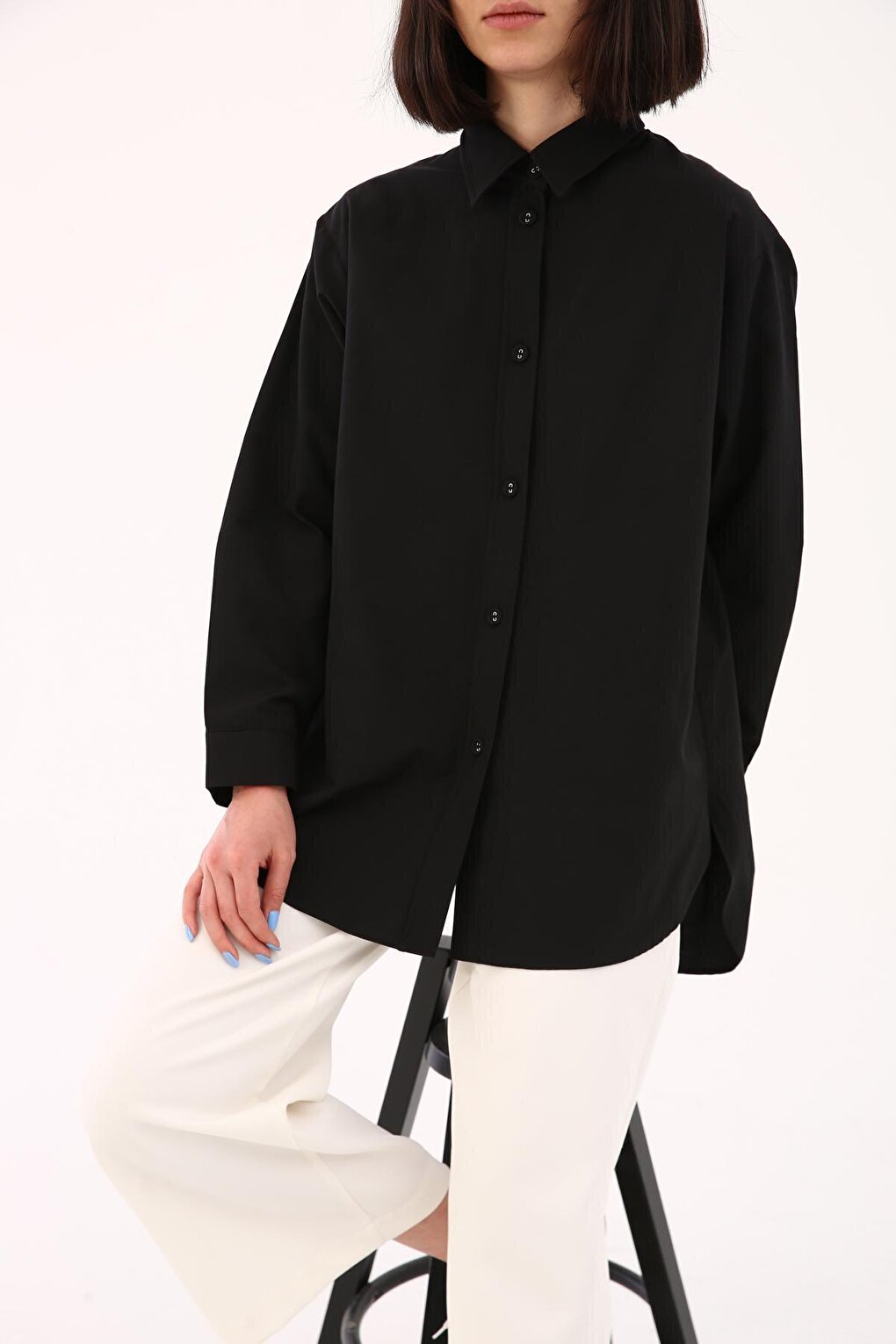 Black Fabric Covered Buttoned Oversize Shirt