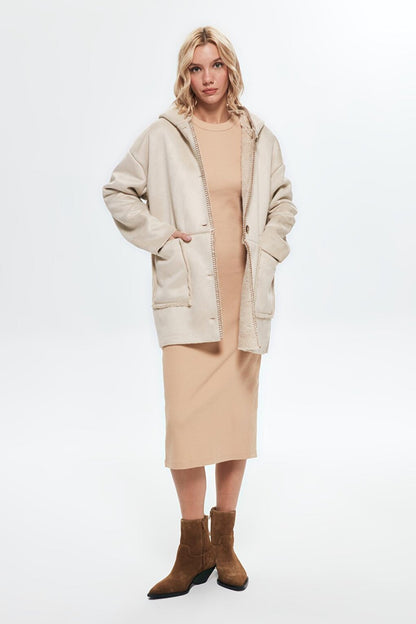 Fur Lined Hooded Coat Stone