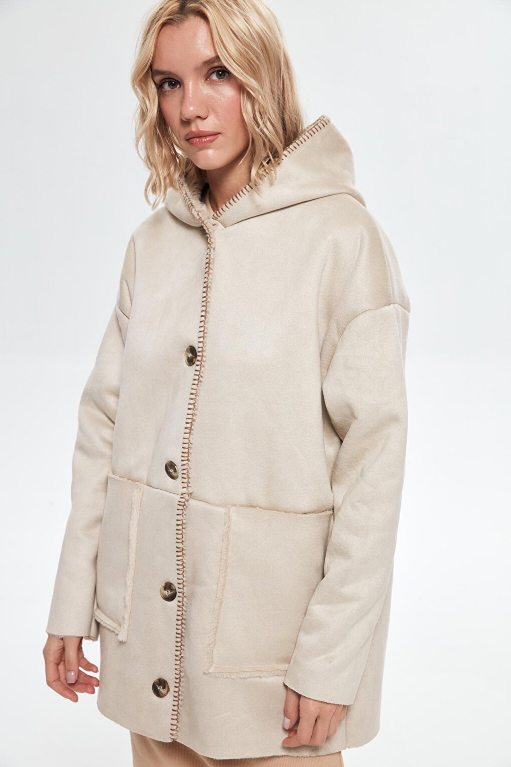 Fur Lined Hooded Coat Stone