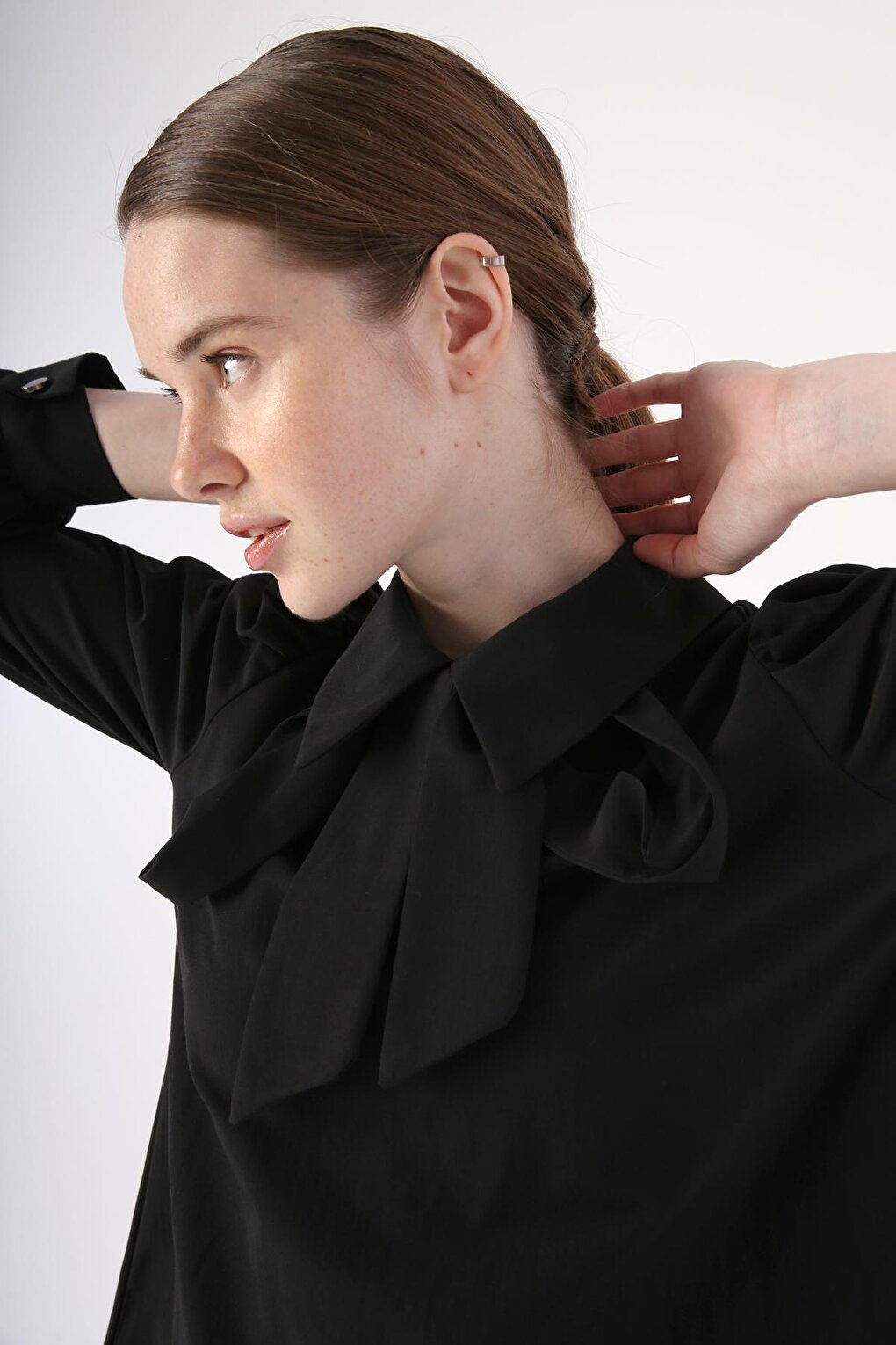 Black Tunic with Scarf Detail on Collar and Gathered Sleeves