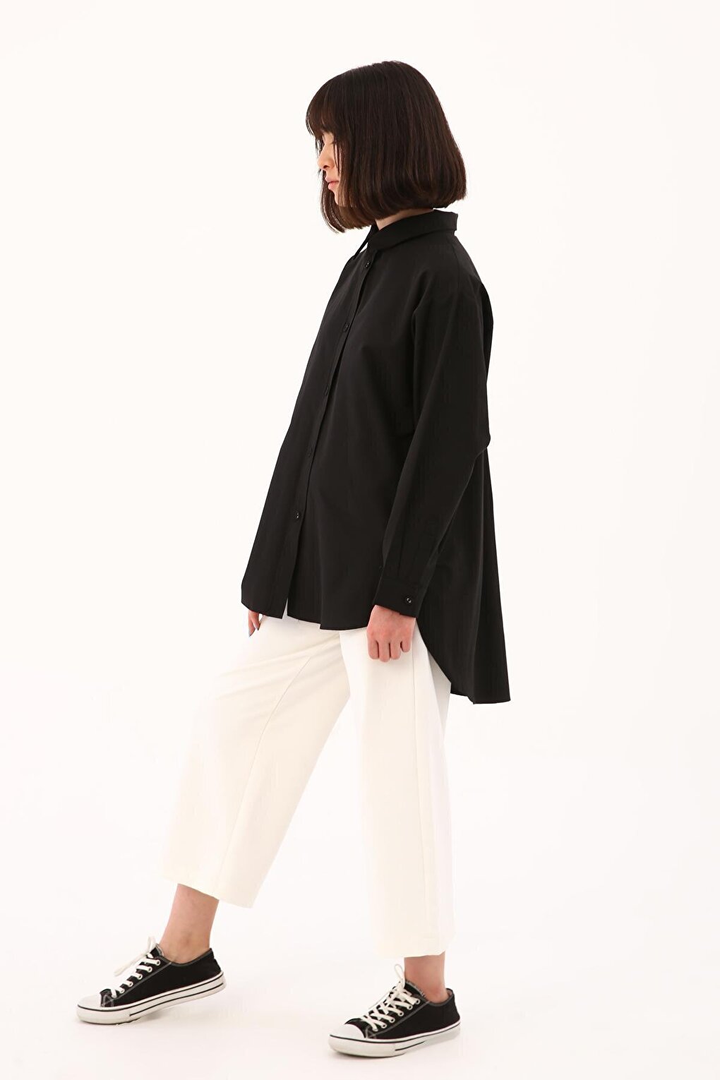 Black Fabric Covered Buttoned Oversize Shirt