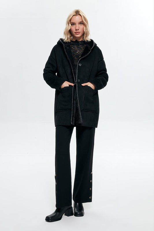 Fur Lined Hooded Coat Black