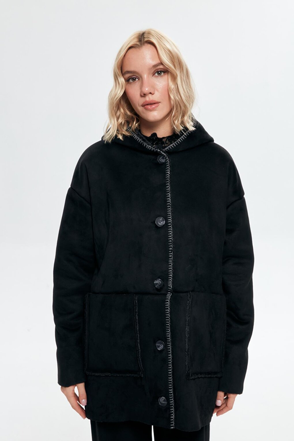 Fur Lined Hooded Coat Black