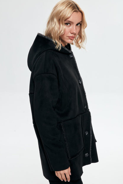 Fur Lined Hooded Coat Black