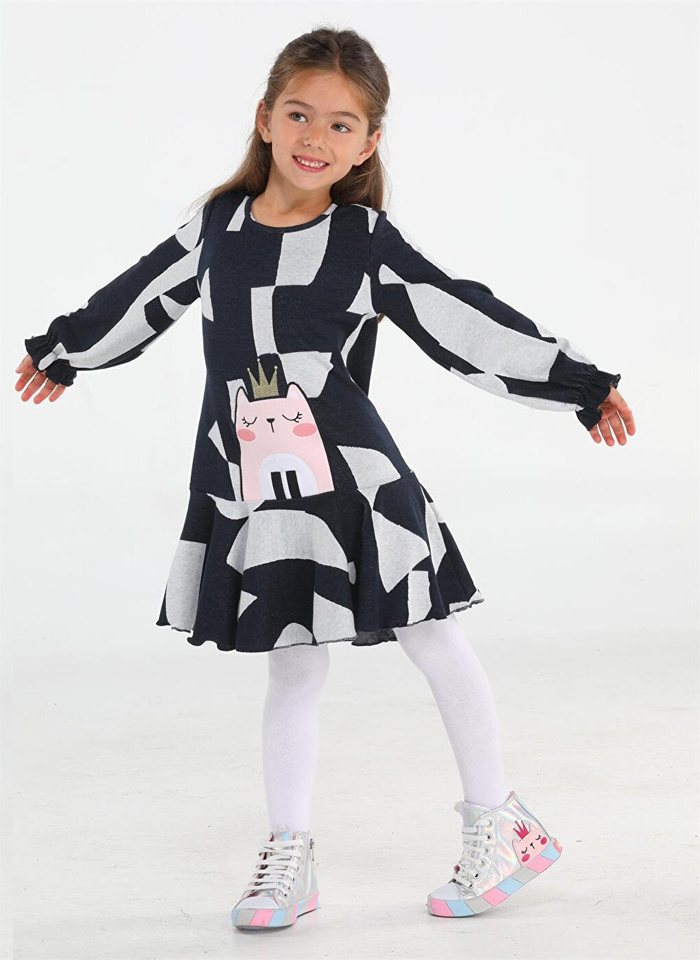 Striped Cat Black Patterned Soft Girl Dress