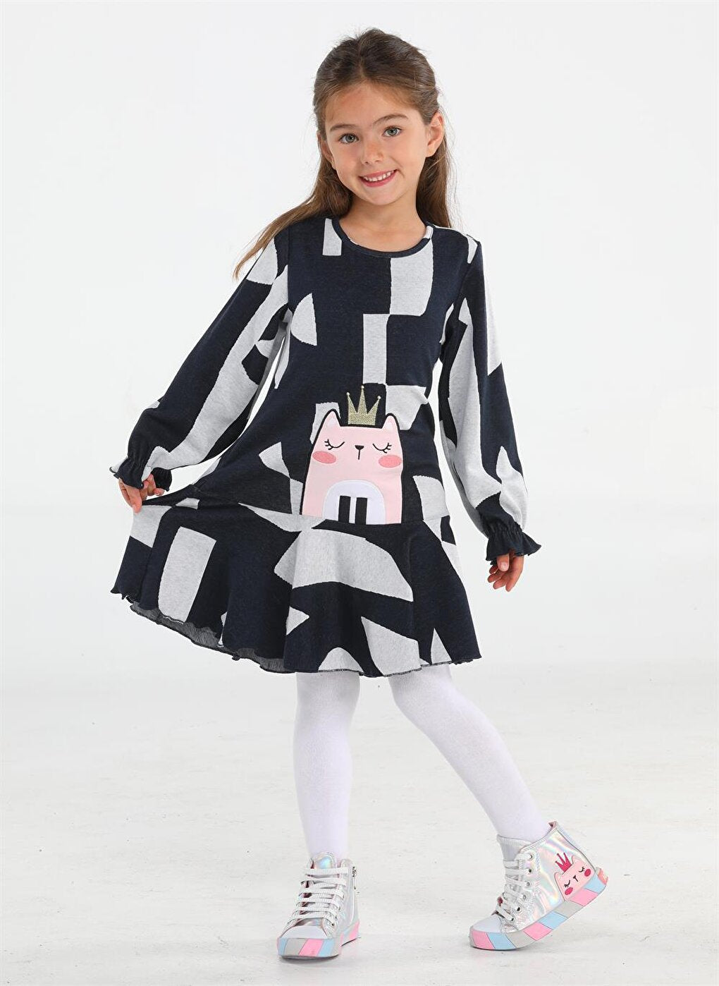 Striped Cat Black Patterned Soft Girl Dress