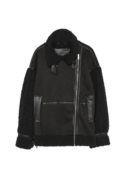 Stitched Short Coat with Plush Detail on Sleeves Black