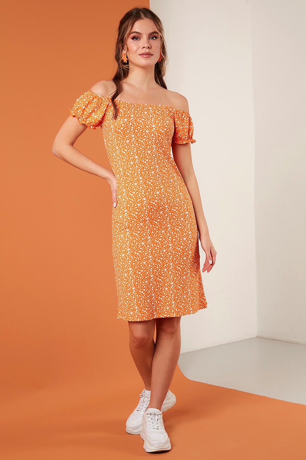 Floral Patterned Carmen Collar Dress 5863700