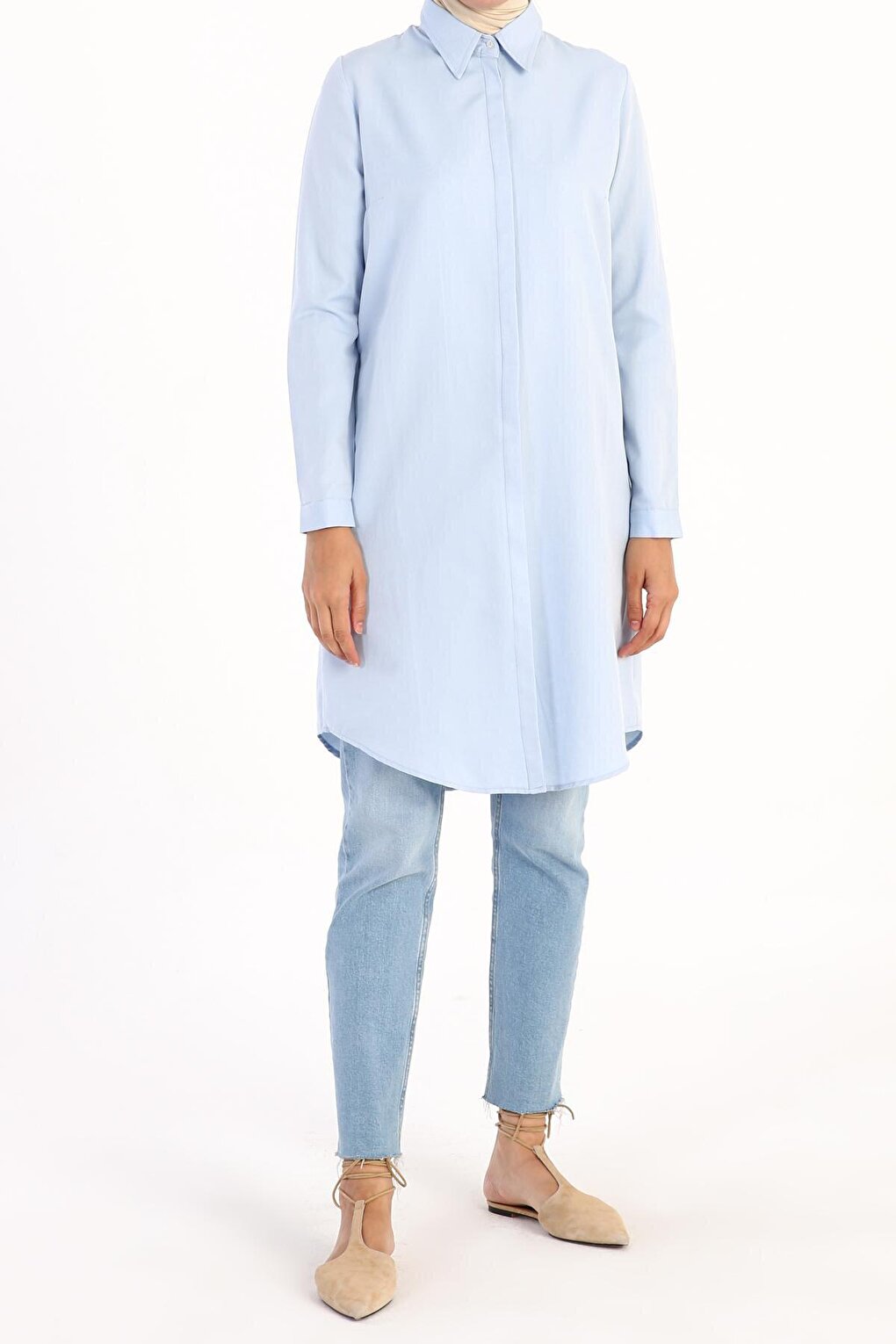 Light Blue Hidden Placket Basic Shirt Tunic