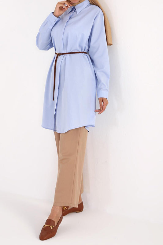 Blue Basic Shirt Tunic with Hidden Placket