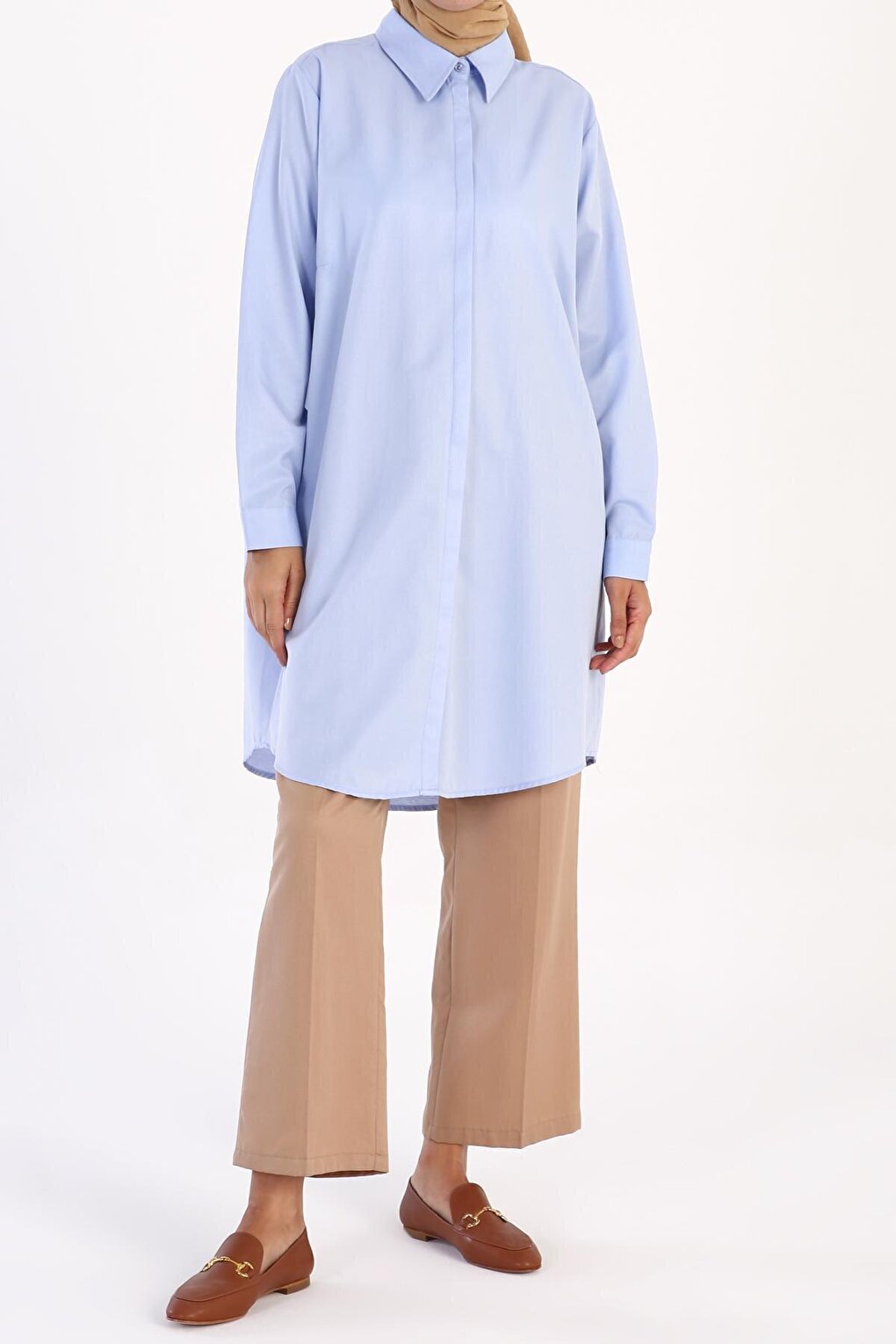 Blue Basic Shirt Tunic with Hidden Placket