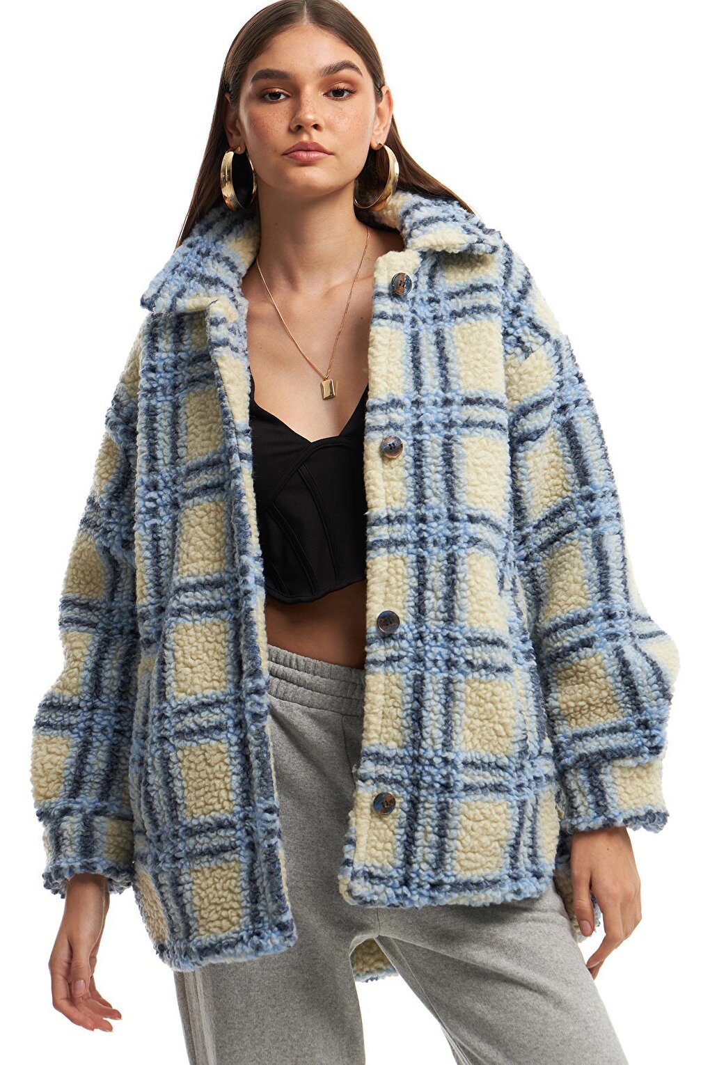 Striped Plush Coat Blue