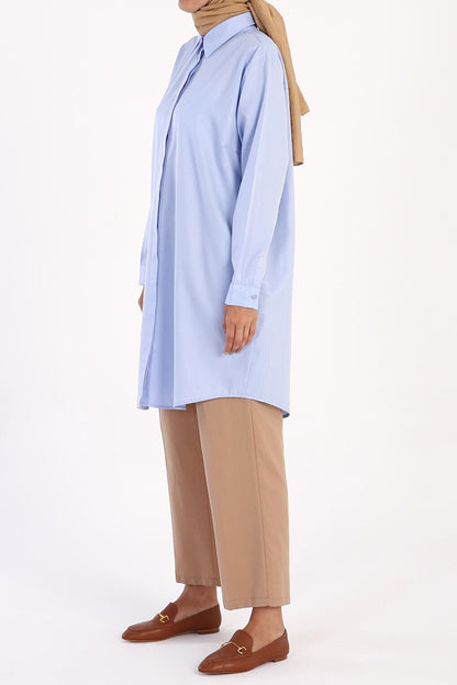 Blue Basic Shirt Tunic with Hidden Placket