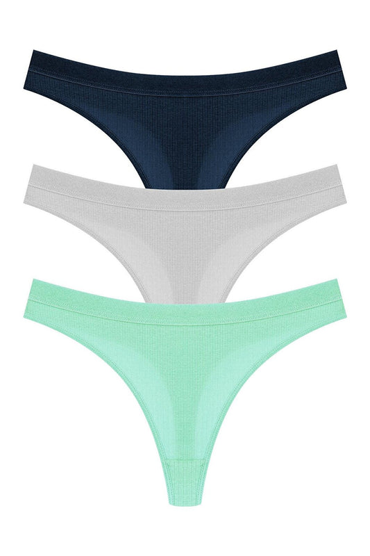 Cotton Ribbed Textured Women's Thong Panties 3-Piece