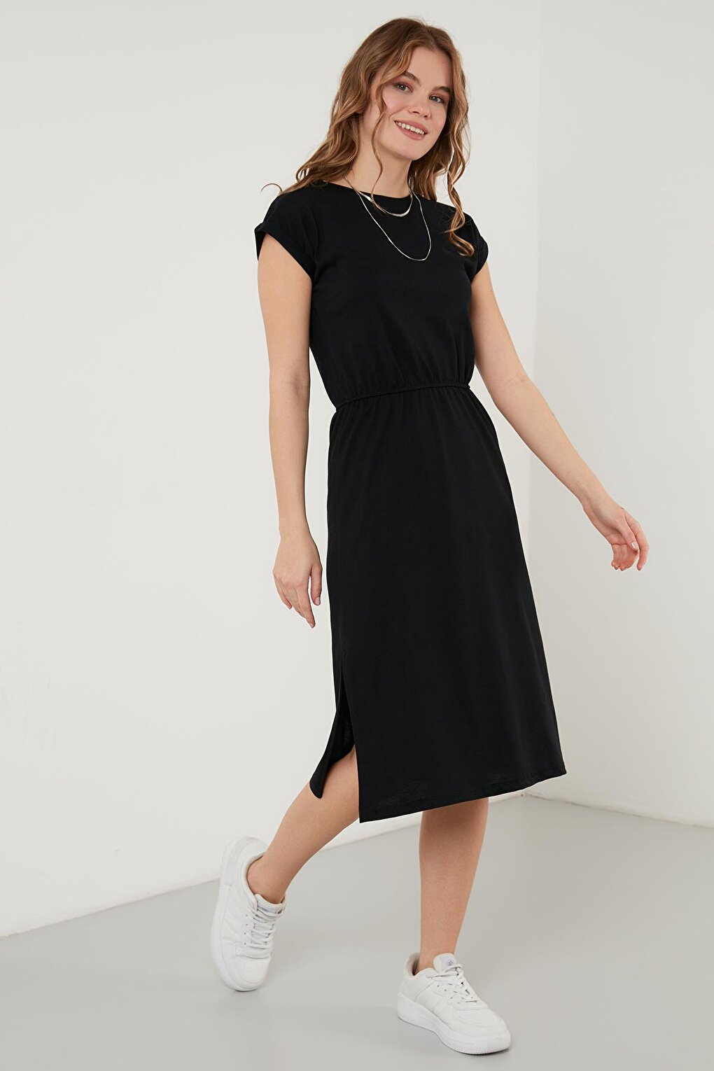 Cotton Short Sleeve Double Slit Midi Dress 5864205