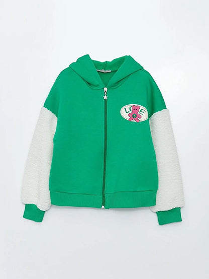 Girl's Slim Fit Three Thread Raised Hooded Jacket