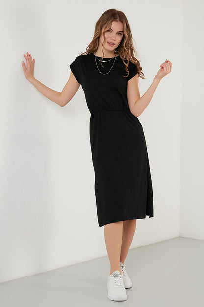 Cotton Short Sleeve Double Slit Midi Dress 5864205