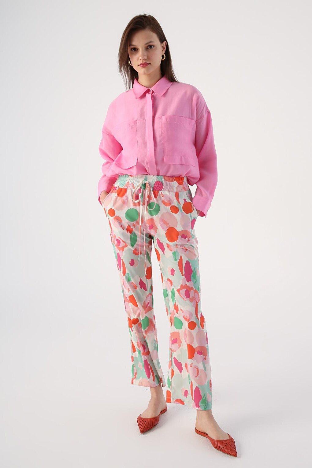 White-Pink Patterned Comfortable Trousers with Elastic Waist