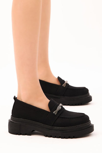 Women's Black Suede Stone Embroidered Spiral Detailed High Sole Casual Shoes