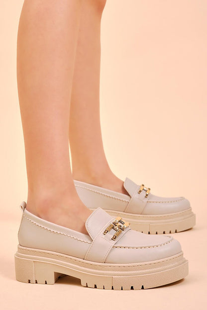 Women's Beige Chain Buckle High Sole Casual Shoes