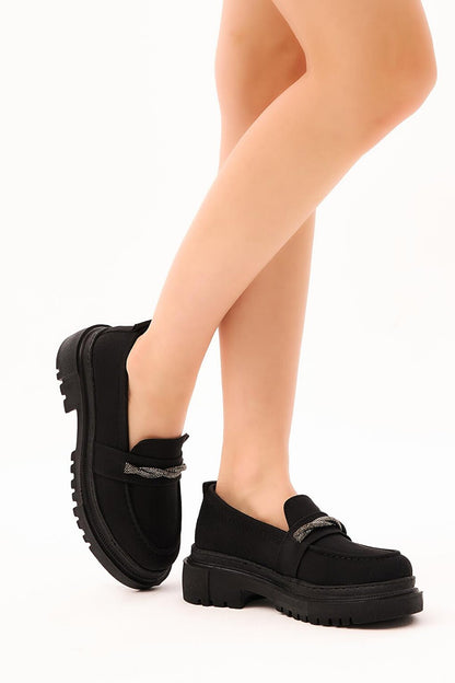 Women's Black Suede Stone Embroidered Spiral Detailed High Sole Casual Shoes