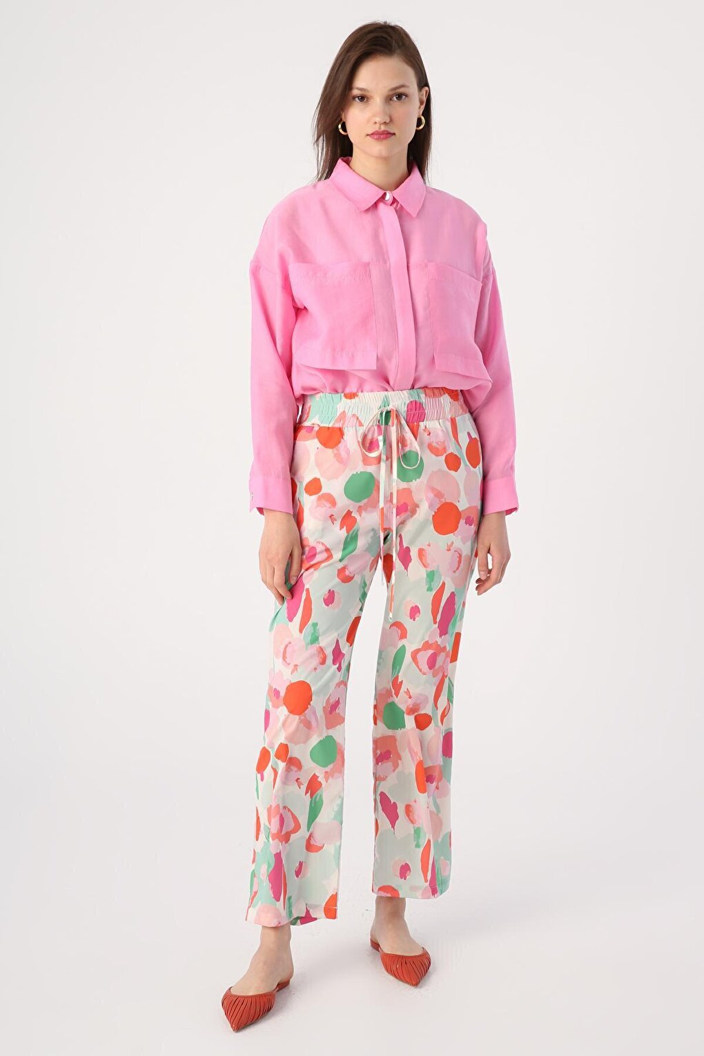 White-Pink Patterned Comfortable Trousers with Elastic Waist