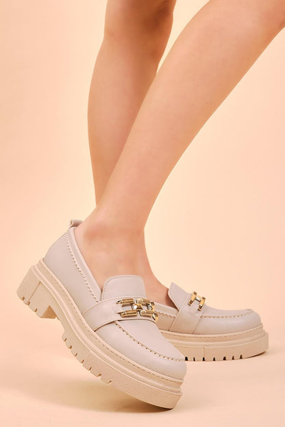 Women's Beige Chain Buckle High Sole Casual Shoes