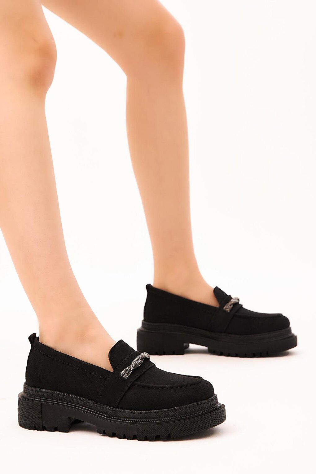 Women's Black Suede Stone Embroidered Spiral Detailed High Sole Casual Shoes