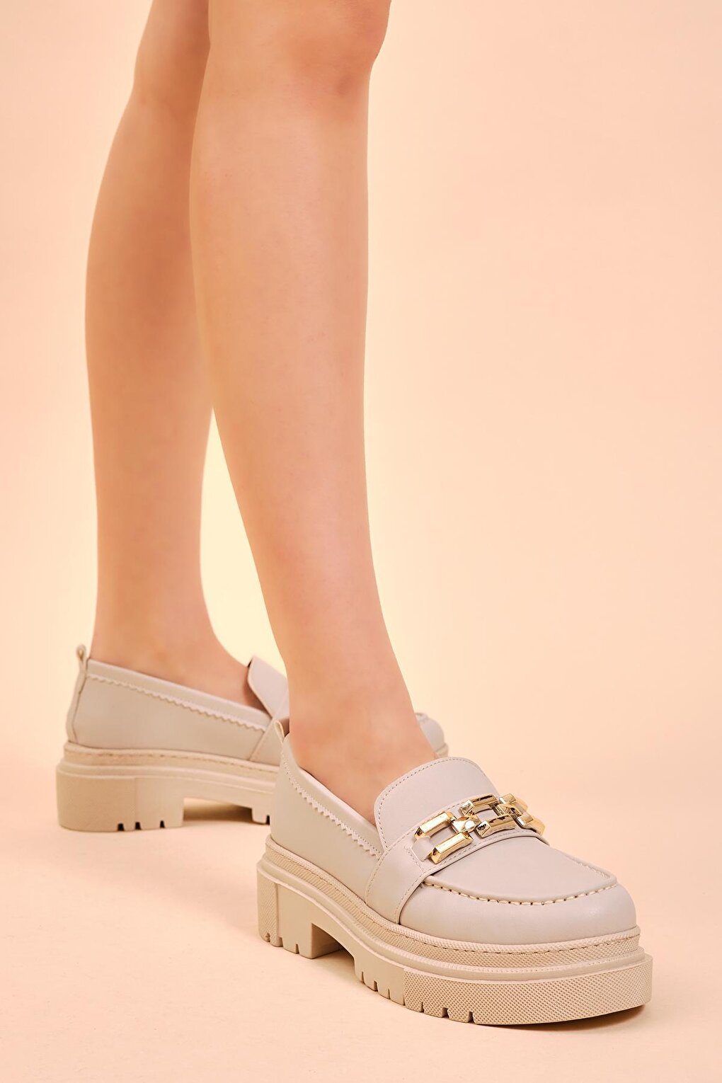 Women's Beige Chain Buckle High Sole Casual Shoes