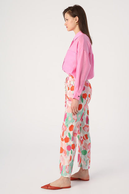 White-Pink Patterned Comfortable Trousers with Elastic Waist