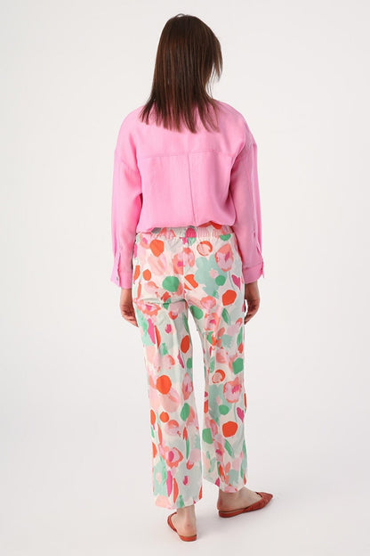 White-Pink Patterned Comfortable Trousers with Elastic Waist