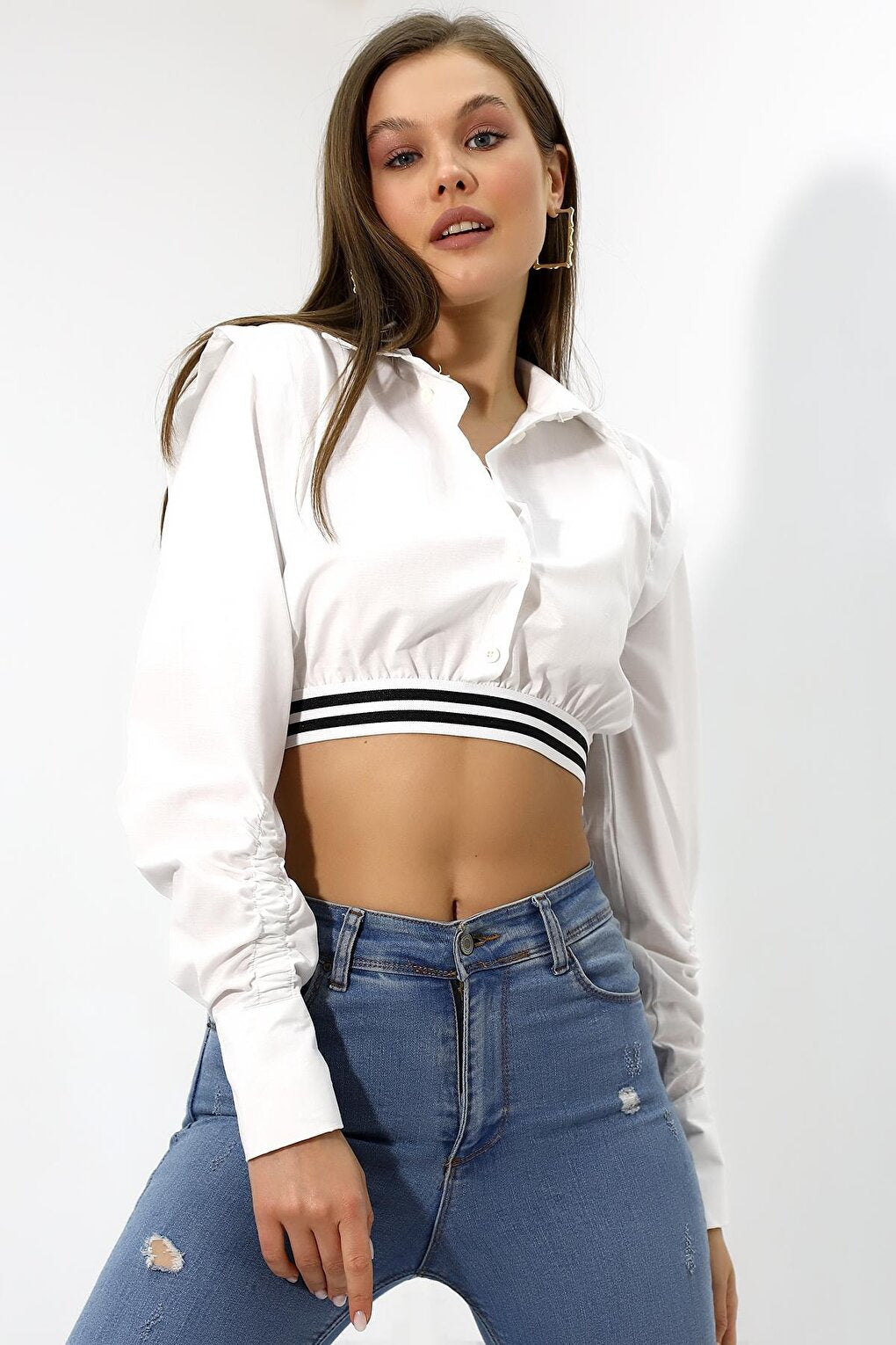 Women's White Long Sleeve Crop Detailed Poplin Shirt HZL23W-DSB110091