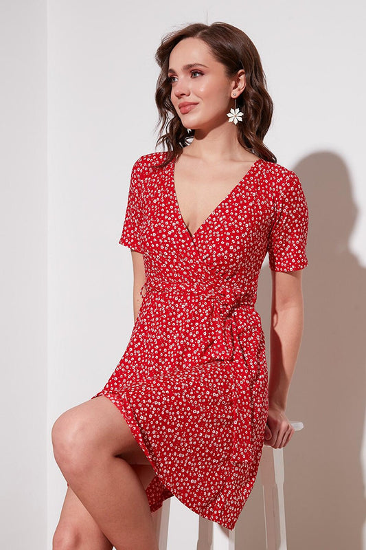 Floral Patterned Double Breasted Collar Ribbed Dress 5864505Y6